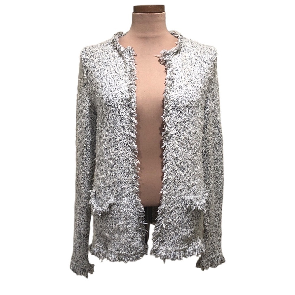 Anthropologie Cardigan Sweater Size Medium Ivory Silver Tweed Eyelash Fringe